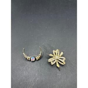 Vintage PELL Signed Silver Tone Rhinestone Bow & Moon Pin Brooch Lot of 2